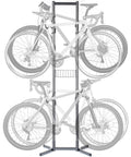 Four Bike Freestanding Gravity Rack With Basket For Garage Or Home Use No Drilling Required displaying four vertically suspended bikes