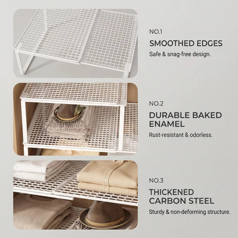 Heavy Duty Expandable Closet Shelf And Stackable Cabinet Organizer Set Black Adjustable Vertical Divider Rack showcasing sturdy carbon steel and baked enamel.