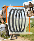 Collage of 24x1 3/8 Wheelchair And City Bike Tires And Inner Tubes AV 32mm Schrader Valve With Repair Kit, bicycles, and cyclists