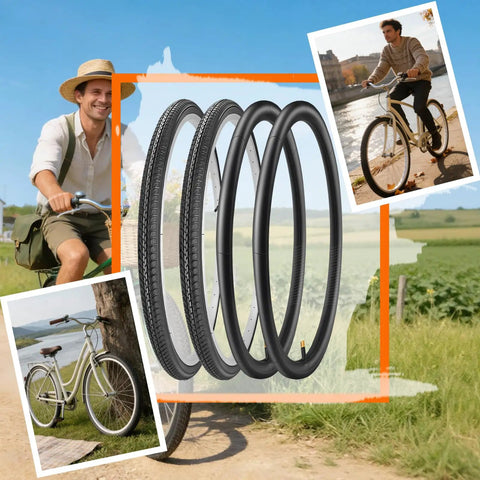 Collage of 24x1 3/8 Wheelchair And City Bike Tires And Inner Tubes AV 32mm Schrader Valve With Repair Kit, bicycles, and cyclists