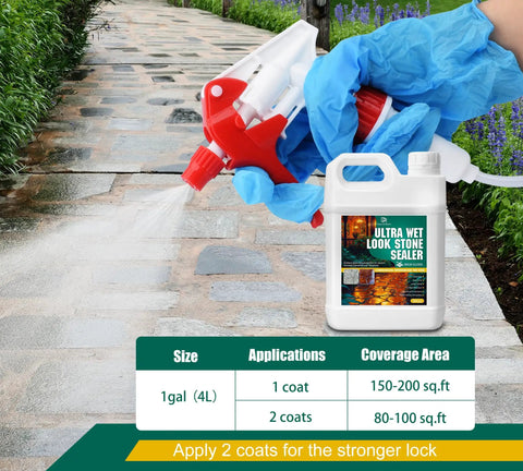 Killer Wet Look Stone and Concrete Sealer 1 Gallon High Gloss Finish applied on pavers with sprayer in hand.