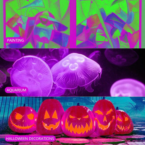 100W UV Black Light Flood Light With 6Ft Plug Cable Bright Purple Glow For Blacklight Parties Stage Lighting Aquarium Body Paint Fluorescent Posters Neon Night Glow Glow In The Dark illuminating paintings, aquarium, and Halloween decorations.