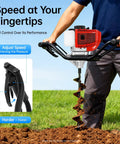 Man using Beast 52cc Gas Powered Auger Power Head for 0.75 inch auger diameter with dual handles in a grassy field