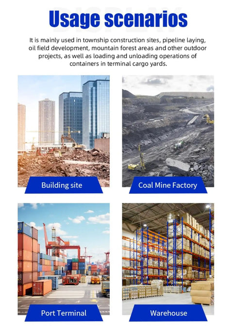 Usage scenarios for Heavy Duty Electric Forklift Truck Featuring Punchy Motors And Rock Solid Tires including construction and warehouse.