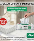 XL All Purpose Cleaning Wipes 100 Count No Streak Natural Vinegar And Baking Soda Formula package on kitchen counter