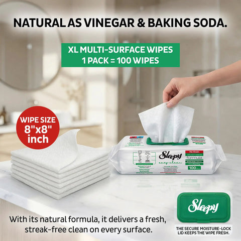 XL All Purpose Cleaning Wipes 100 Count No Streak Natural Vinegar And Baking Soda Formula package on kitchen counter