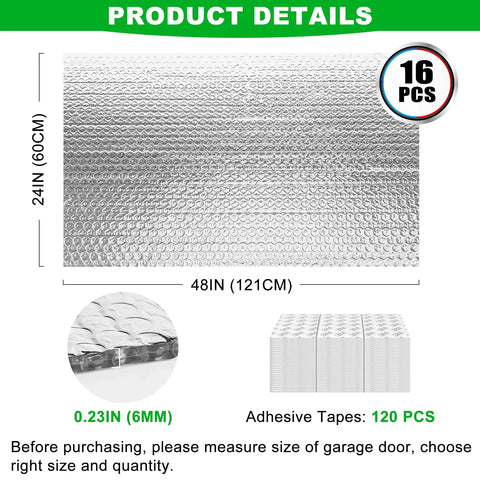 Heavy Duty Pre Cut Garage Door Insulation Kit With Reflective Bubble Foil For Double Doors with 16 precut panels measuring 24x48 inches.