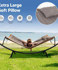 Sturdy Standing Hammock With Foldable Steel Stand For Patio Or Deck, Portable 2-3 Person Hammock, woman relaxing by beach