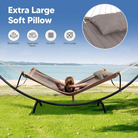 Sturdy Standing Hammock With Foldable Steel Stand For Patio Or Deck, Portable 2-3 Person Hammock, woman relaxing by beach