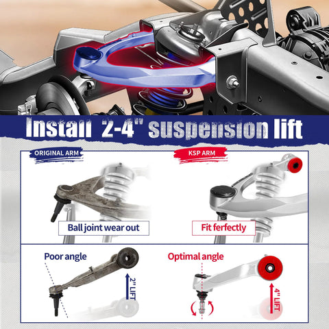 Beefy Aluminum Forged Upper Control Arms For 2 To 4 Inch Lift With Flexible Ball Joint 2 Piece Set shown in installation comparison