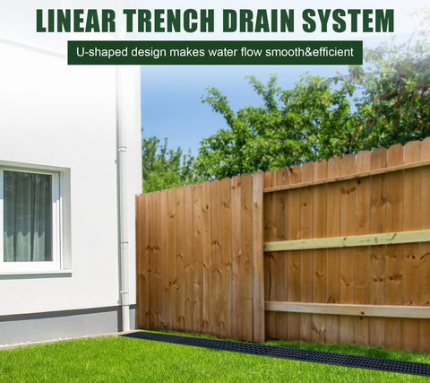 HDPE Channel Drain With Grates Two Pack 19.7x5.5x3.7 Inch Trench Drain System next to a wooden fence and house in a garden setting.
