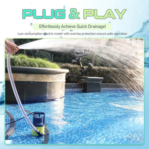 Heavy Hitter Submersible Sump Pump For Smooth Heavy Duty Water Draining Up To 5500 Gph And Thirty Five Feet Vertical Lift With Durable Corrosion Resistant Thermoplastic Housing in use pumping water from a pool.