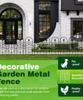 Tall Decorative Metal Garden Fence Panels Set 32 Inch High And 10 Foot Long 9 Pack Rustproof No Dig Fence in front of a house.