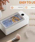 Quick Grab 50 Khz Ultrasonic Cleaner With Three Timer Settings For Bling Glasses Watches Dentures And Razors To Keep Your Daily Carry Fresh Without Any Drama Or Excess Mess Around Your Sink Area, featuring rings and retainer in a 350ml tank.