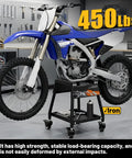 Beefed Up Heavy Duty Dirt Bike Stand With Wheels Universal Detachable Lift Panel Anti Slip Maintenance Stand For Most Dirt Pit Bike Motocross Enduro Off Road Motorbikes Black holding blue dirt bike