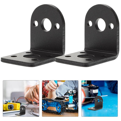 Two black rust-resistant metal motor mounting brackets for 25mm DC gear motors.