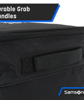 Close-up of a black car trunk organizer showing durable grab handles on ripstop polyester material.