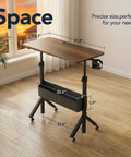 Mobile Rolling Standing Desk With Storage Basket, Height Adjustable From 28.7 To 46.1 Inches, 31.5 By 15.75 Inch Desktop, displayed in room