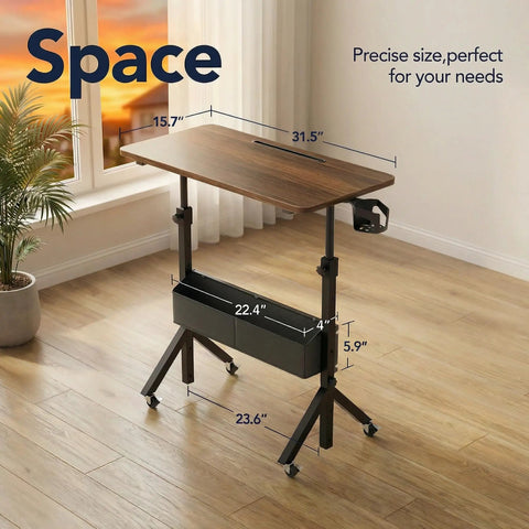Mobile Rolling Standing Desk With Storage Basket, Height Adjustable From 28.7 To 46.1 Inches, 31.5 By 15.75 Inch Desktop, displayed in room