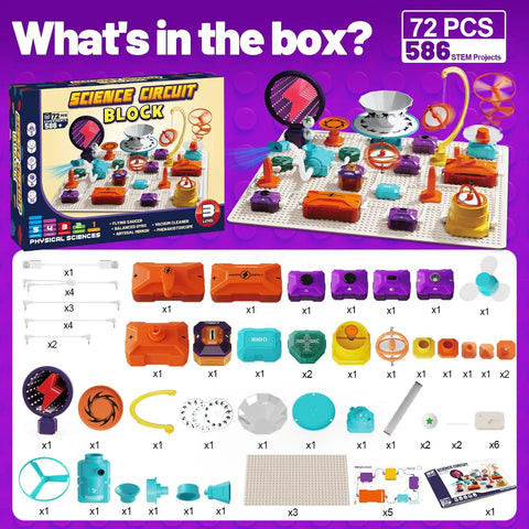 Circuit Science Kit for Kids With 76 STEM Projects, snap-together components, fan, RGB lights, flying saucer on display