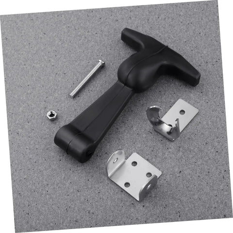 Two Pack Stainless Steel T Handle Latches With Rubber Padding components on grey surface including brackets and bolt