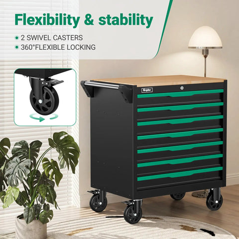 7 Drawer Tool Chest With Wood Top Locking Rolling Cabinet On Wheels For Garage And Workshop Central Locking System With One Key Keeps All Drawers Secure Durable Black And Green Cabinet For Mechanics And DIYers, 2 swivel casters