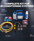 All In One HVAC Vacuum Pump Kit With One Third Horsepower Single Stage Rotary Vane Pump And Gauge Set For Auto And Home AC Systems Leak Detector Hoses And Essential Tools For Refrigeration, 4 CFM, color-coded hoses