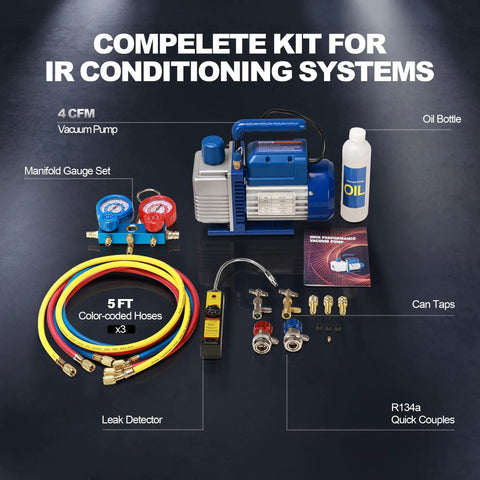 All In One HVAC Vacuum Pump Kit With One Third Horsepower Single Stage Rotary Vane Pump And Gauge Set For Auto And Home AC Systems Leak Detector Hoses And Essential Tools For Refrigeration, 4 CFM, color-coded hoses