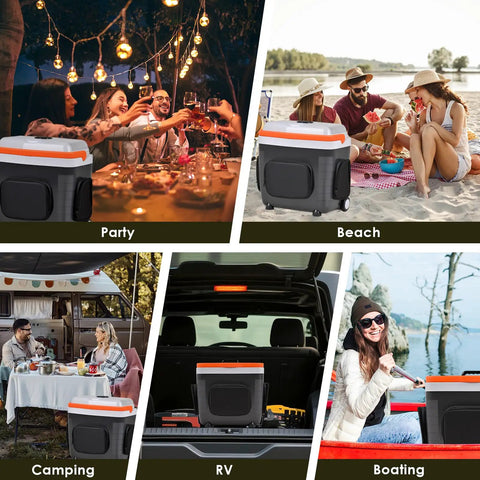 32 Quart Electric Car Cooler Warmer With Smooth Rolling Wheels Keeps Food And Drinks Ice Cold used at party, beach, camping, RV, and boating.