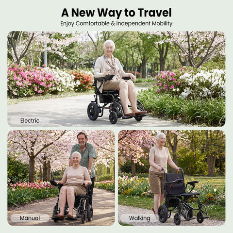 Electric foldable wheelchair for adults with removable battery; black frame, park scene (front view collage).