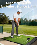 Golfer using 6x4ft Golf Hitting Mat with Built In Ball Tray, 26mm Thick Indoor Outdoor Practice Mat with Alignment Guides