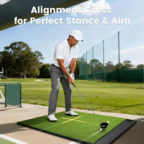 Golfer using 6x4ft Golf Hitting Mat with Built In Ball Tray, 26mm Thick Indoor Outdoor Practice Mat with Alignment Guides