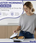StarBlue 2-in-1 Indoor Electric Grill And Press With Non Stick Griddle Surface For Burgers And Breakfast in use with pancakes and sausage.
