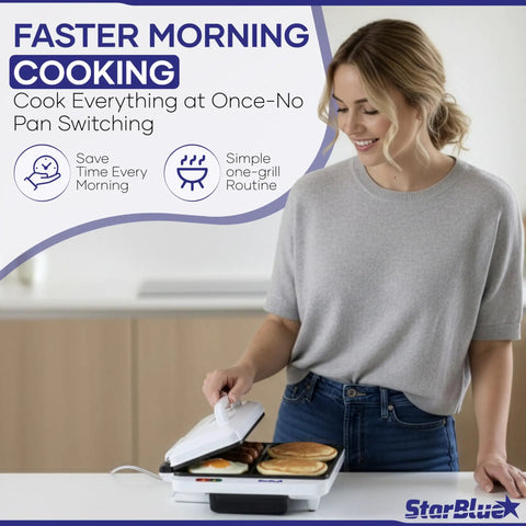 StarBlue 2-in-1 Indoor Electric Grill And Press With Non Stick Griddle Surface For Burgers And Breakfast in use with pancakes and sausage.
