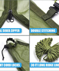 Close-up of Premium Hammock Mosquito Net for Camping with dual zipper, double stitching, cord locks, and 30 ft ridge line.
