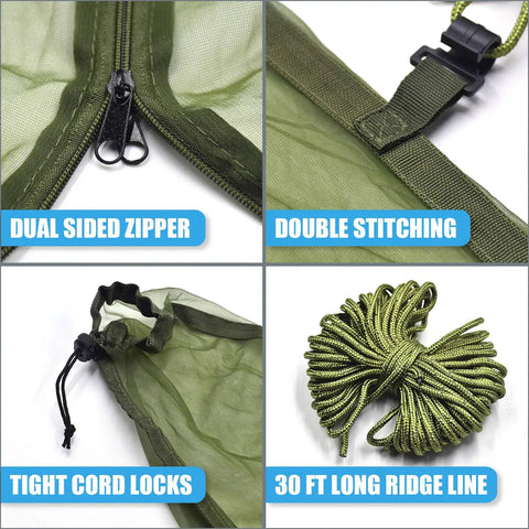 Close-up of Premium Hammock Mosquito Net for Camping with dual zipper, double stitching, cord locks, and 30 ft ridge line.