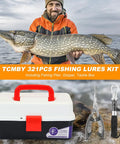 3 Layer Tackle Box With Tackle Included, 321 Pcs Lure Kit Packed With Pliers, ideal for bass fishing, shown by fisherman with catch.