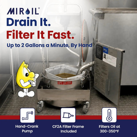 Heavy Duty Hand Cranked Deep Fryer Oil Filter Machine For 75 Pound Capacity, stainless steel, hand-crank, in commercial kitchen setting.