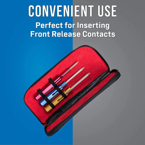 Three Piece Insertion Tool Kit With Leather Case For Amphenol Bendix Burndy Cannon Cinch Continental Elco Deutsch And More Durable Pro Grade Aluminum Housing And Stainless Steel Probe For Precise Easy Contacts in open red-lined case