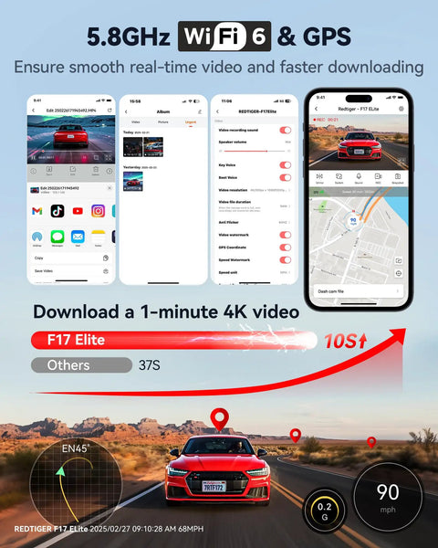 Smartphone interface showcasing GPS and WiFi features of Elite 4K Dash Cam With 3 Channel Front 4K, Rear 2.5K, Cabin 1080P
