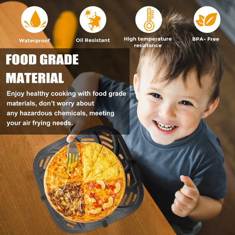 Child with Air Fryer Grill Pan Replacement Tray For Chefman TurboTouch Easy View 8 Qt Air Fryer, pizza on crisper plate