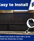 Easy installation of cast iron V groove gate wheel with roller bearing for residential gates, shown with gate and installation instructions.