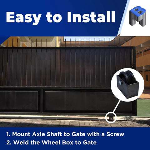 Easy installation of cast iron V groove gate wheel with roller bearing for residential gates, shown with gate and installation instructions.