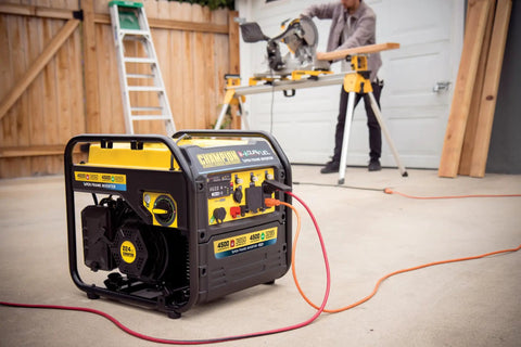 4500 Watt Dual Fuel Open Frame Inverter Generator with Electric Start for RVs and Camping 64 Db Quiet Technology on driveway