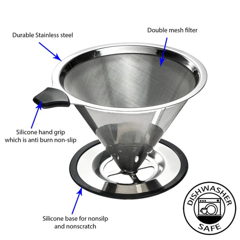 Pour Over Coffee Dripper With Cup Stand Size 4 Ultra Fine Micro Mesh Filter Paperless And Reusable For Manual Brewing Delivers Rich Barista Vibes At Home Includes Bonus Scooping Spoon And Cleaning Brush, showing stainless steel cone with silicone grip