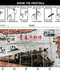 Installation guide for Peel And Stick Steam Locomotive Wall Mural Dope 3D Train Print Removable Wallpaper For Living Room Bedroom And Kids Room Vintage Train Decor 79 Inch Wide By 55 Inch High Silk Canvas showing step-by-step process.