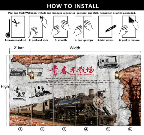 Installation guide for Peel And Stick Steam Locomotive Wall Mural Dope 3D Train Print Removable Wallpaper For Living Room Bedroom And Kids Room Vintage Train Decor 79 Inch Wide By 55 Inch High Silk Canvas showing step-by-step process.