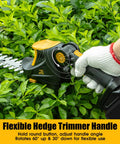 Cordless Hedge Trimmer And Grass Trimmer 2 In 1 For Yard Work 1200 RPM Power showing handle adjustment on green hedge