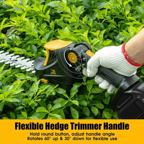 Cordless Hedge Trimmer And Grass Trimmer 2 In 1 For Yard Work 1200 RPM Power showing handle adjustment on green hedge