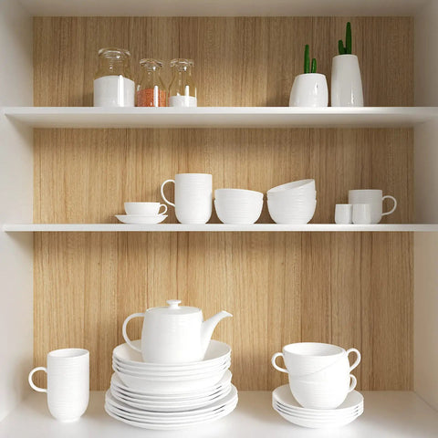 Brown Wood Contact Paper Peel And Stick 24 Inch By 354 Inch Self Adhesive Wood Look Wallpaper on kitchen shelves with dishes